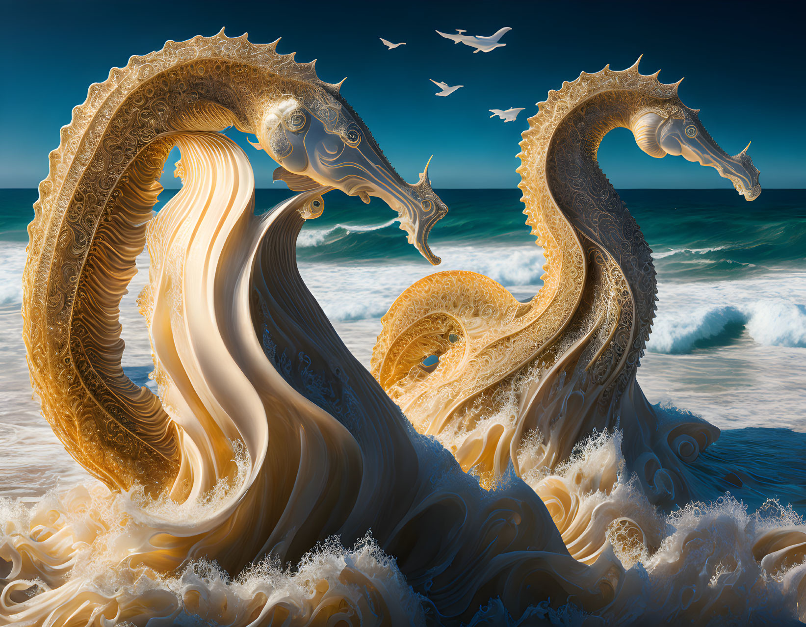 Ornate seahorse-like creatures in dynamic ocean wave with flying birds