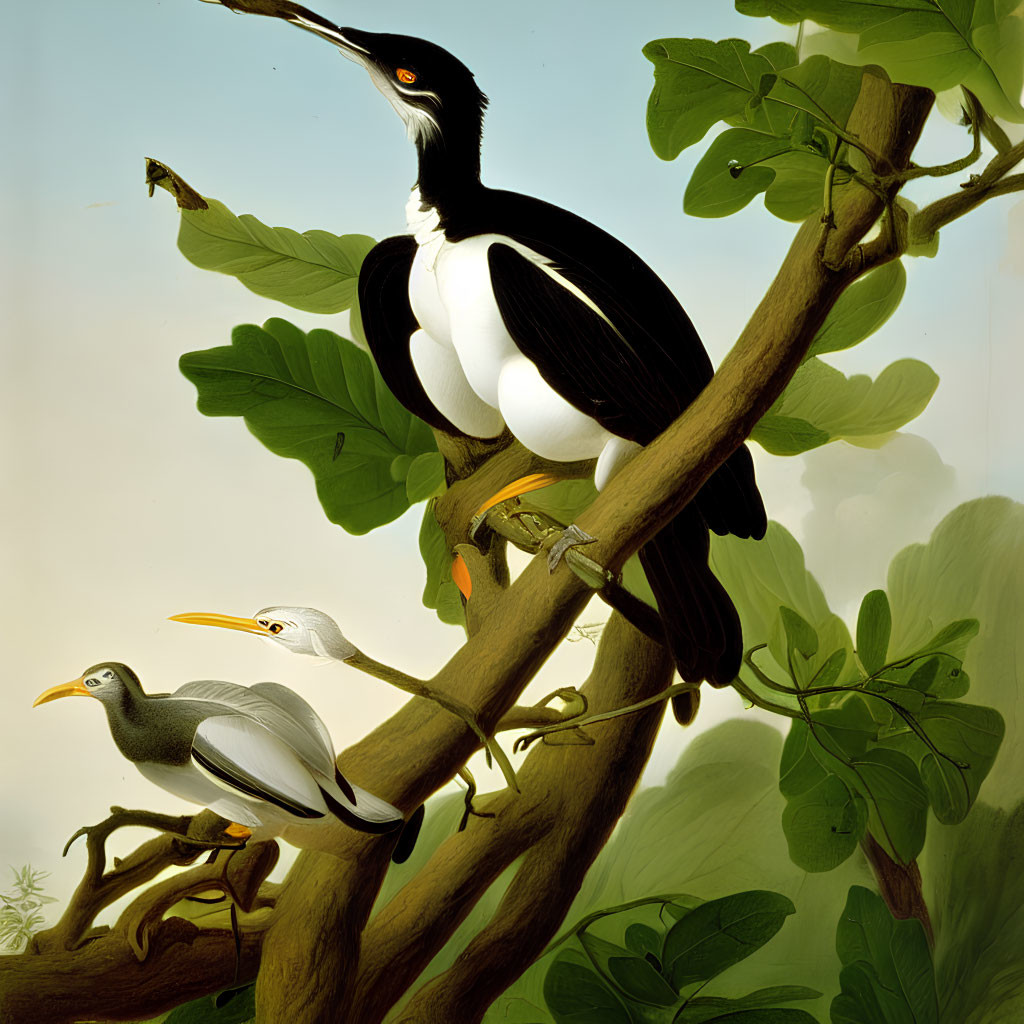 Three Birds Perched on Branch with Detailed Foliage Background