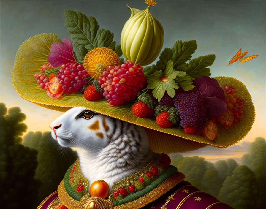 Cat Wearing Human-Like Attire with Elaborate Fruit and Vegetable Hat