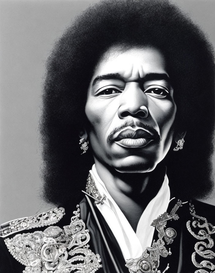 Monochrome portrait of a man with afro in ornate jacket and earrings