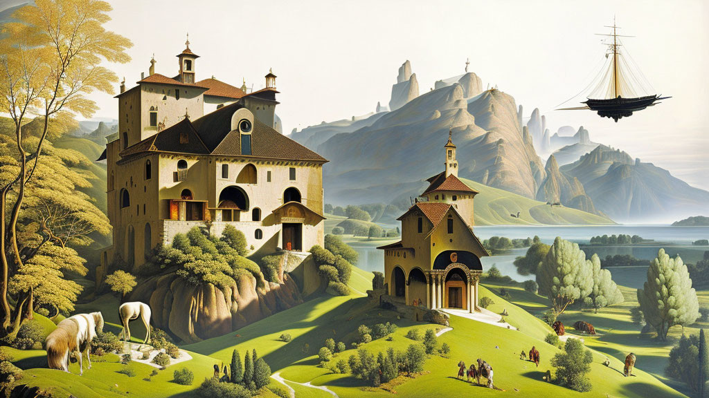 Castle, horseback riders, flying ship, mountains, and grazing horse in serene landscape.