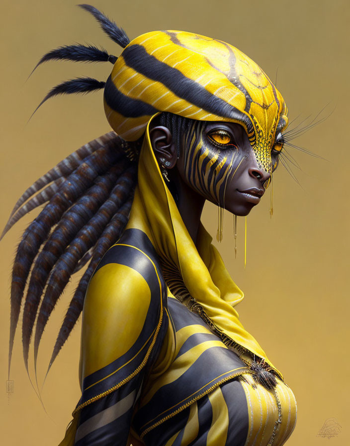 Fantasy character with yellow and black striped skin and tribal markings