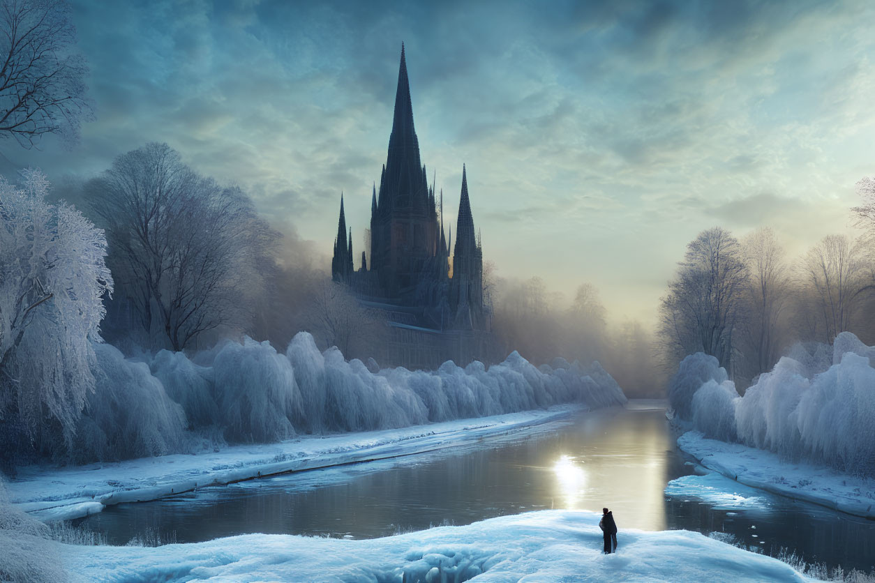 Snow-covered winter landscape with person, river, and gothic castle at dusk