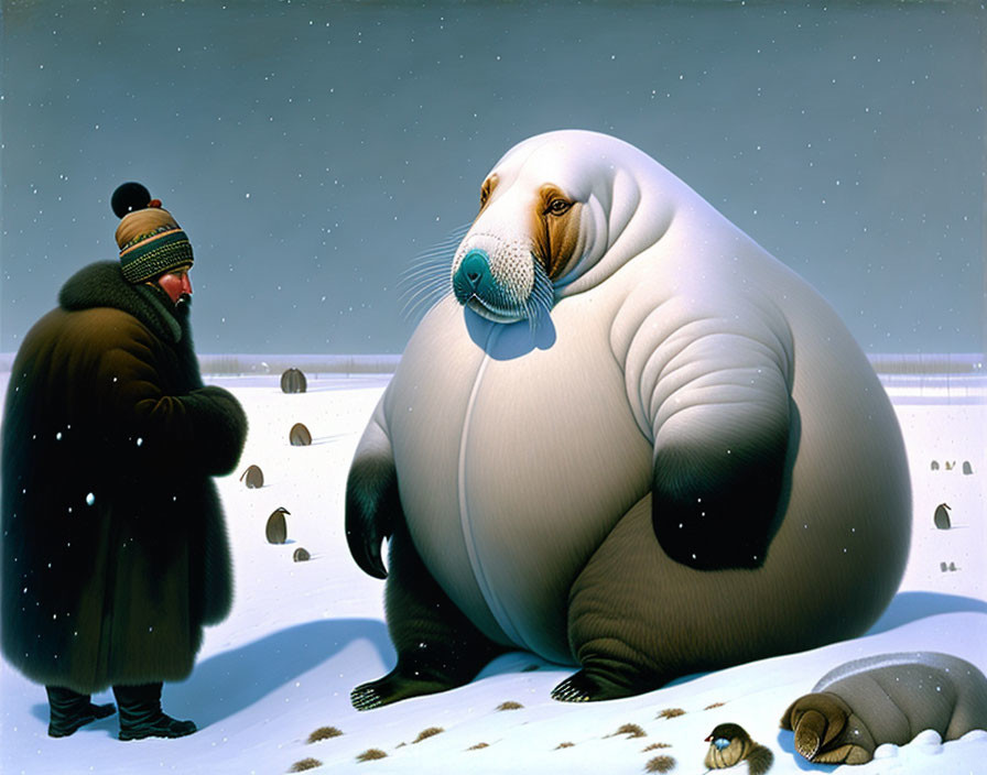 Person in winter clothing watching giant walrus and smaller ones in snowy scene with igloos