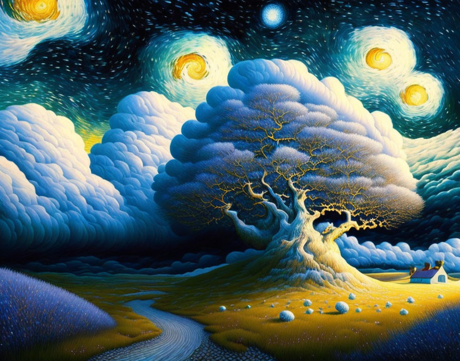 Surreal landscape with Starry Night swirls, vibrant tree, rolling hills, and small house