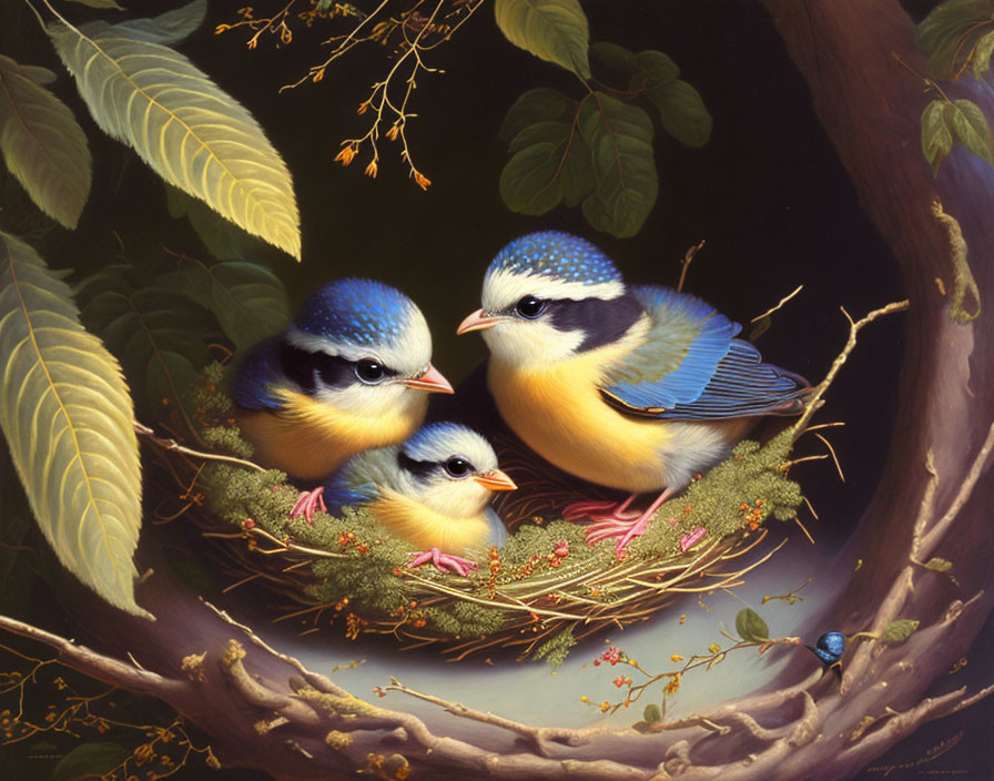 Vividly illustrated birds in nest with branches and leaves