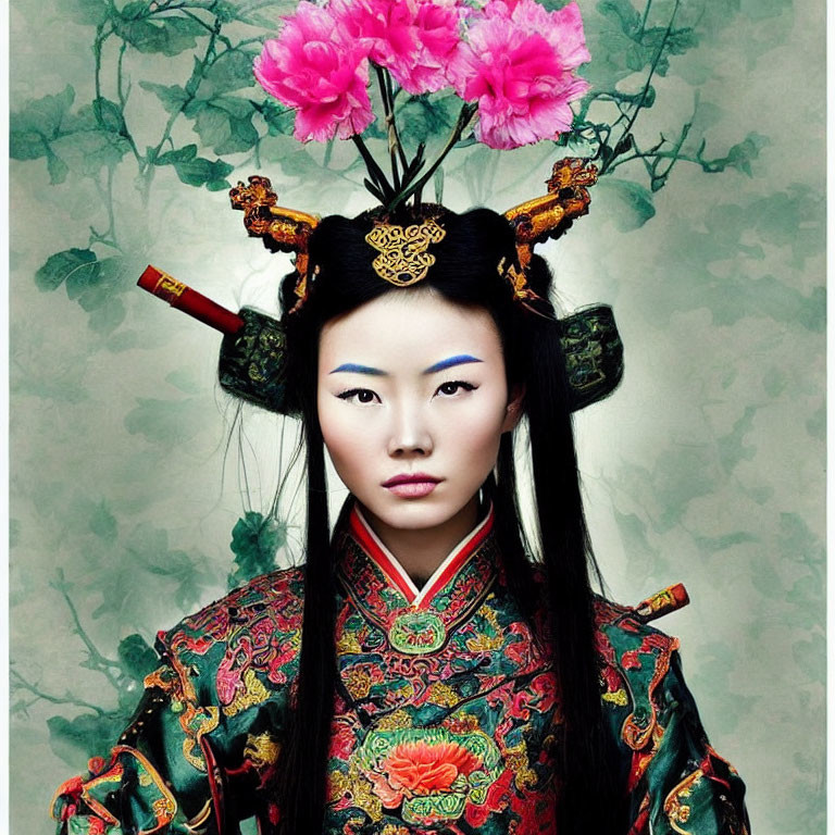 Traditional Asian Attire with Elaborate Pink Flower Headdress