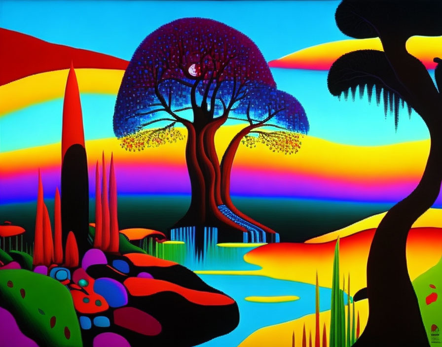 Colorful Tree and River in Surreal Landscape Painting