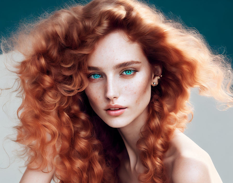 Curly Red-Haired Woman with Green Eyes on Teal Background