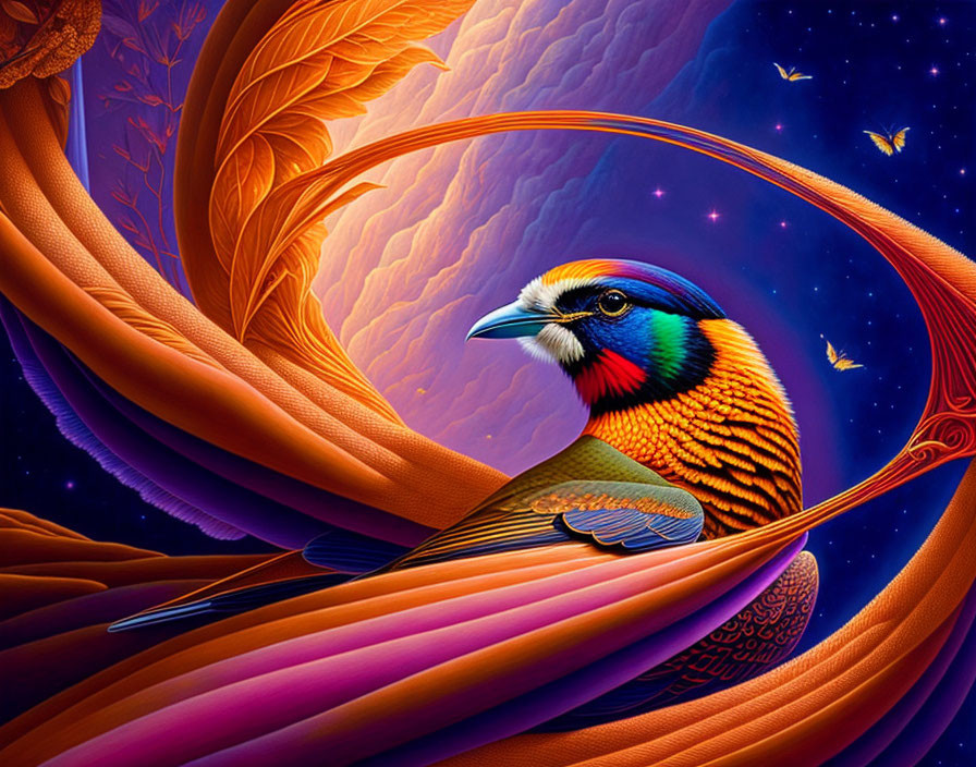 Colorful Bird Illustration with Swirling Patterns and Butterflies