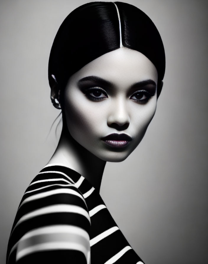 Dark-haired woman in makeup with striped black and white garment on grey background