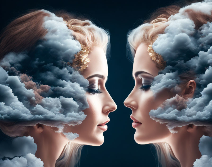 Woman with Golden Crown Profiles Blended with Clouds on Dark Background