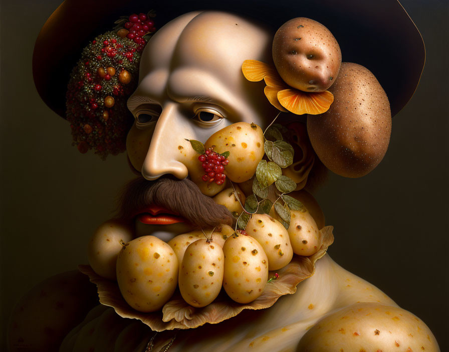 Fruit and vegetable portrait with hat in surreal style