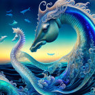 Colorful seahorse with horse features in ocean waves at sunset