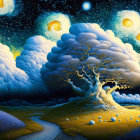 Colorful surreal landscape with central tree and celestial bodies