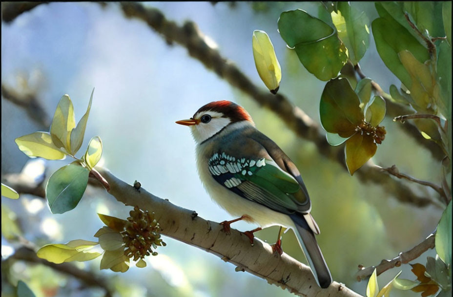 Vibrant bird with red cap on branch surrounded by green leaves and yellow blossoms