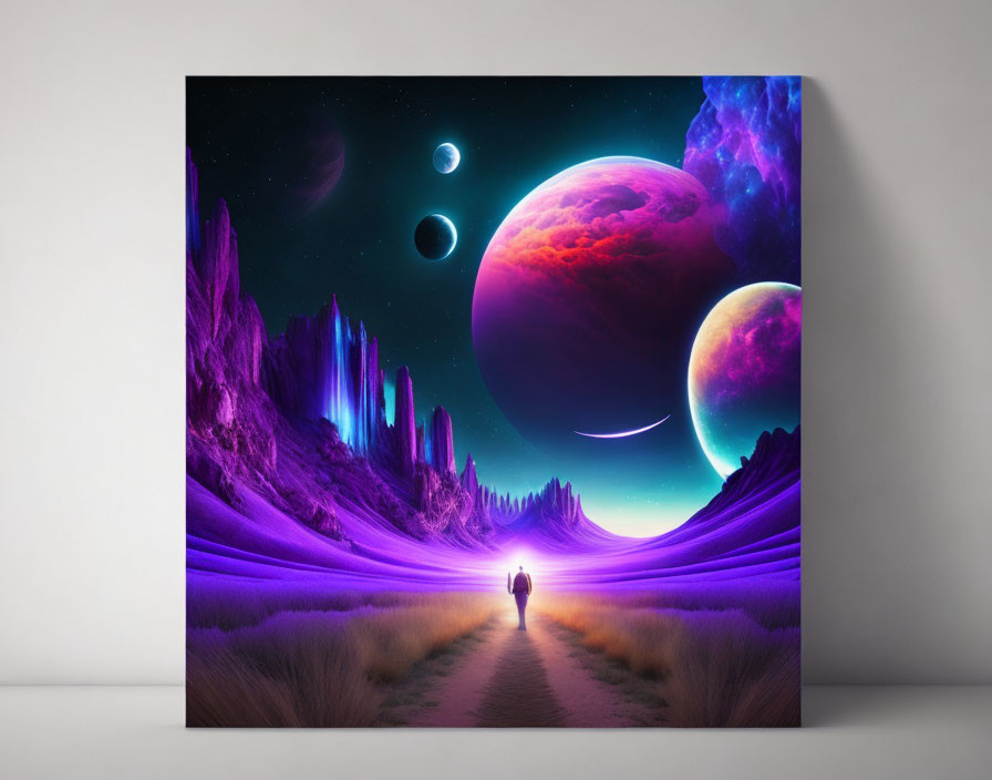 Digital art: Person walking towards colossal planets in starry sky with purple alien terrain