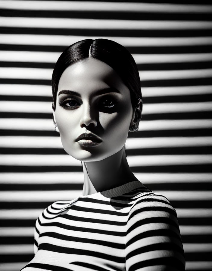 Monochrome portrait of woman with bold striped shadows and intense gaze