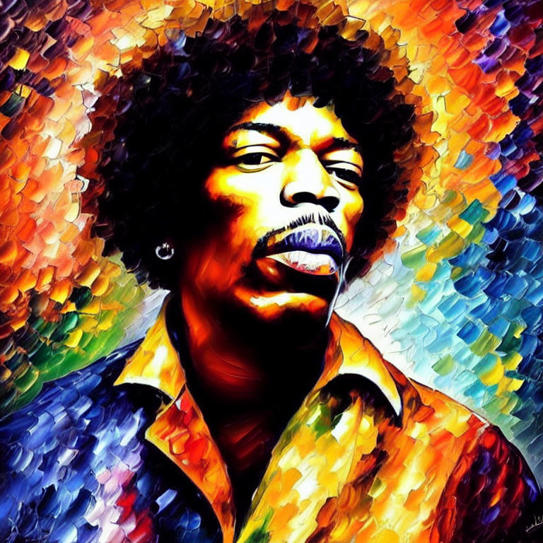 Vibrant portrait of a man with afro and jacket on abstract background