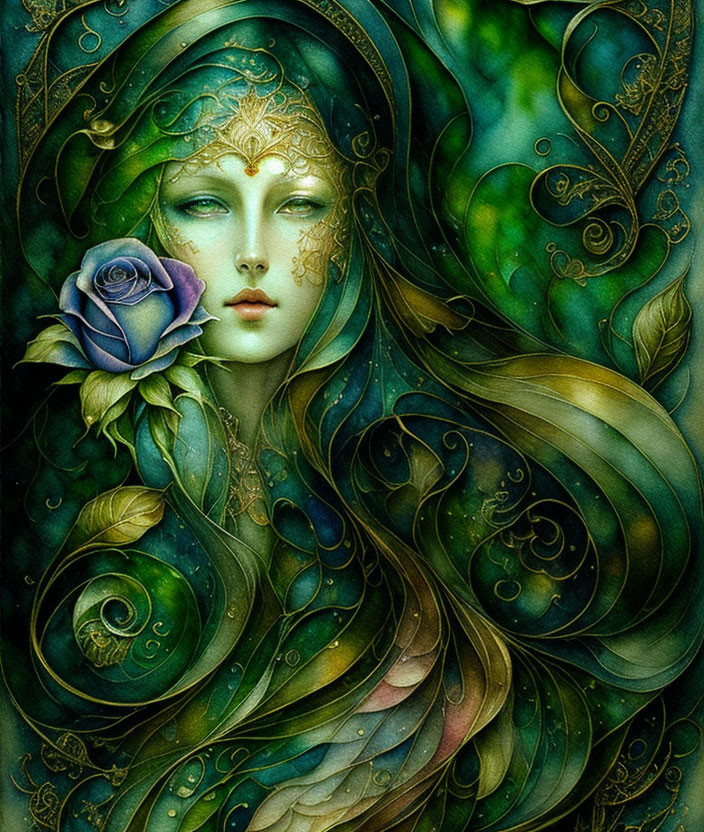 Ethereal woman with gold face adornments, greenery hair, and blue rose.