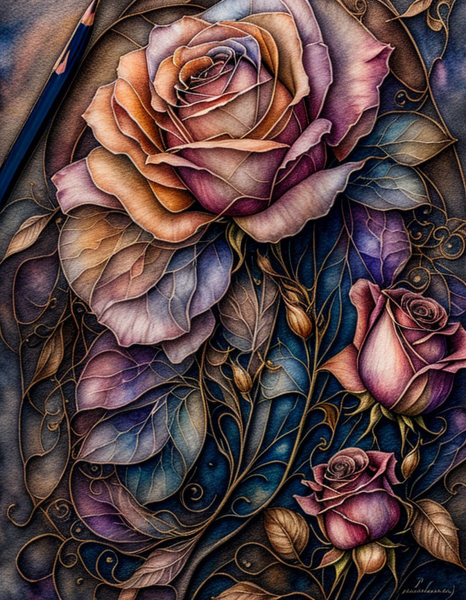 Detailed artwork: pencil next to vibrant rose painting with intricate filigree.