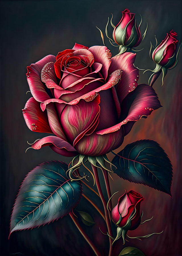 Digital artwork featuring deep red rose with dewdrops, rosebuds, and dark green leaves on dark