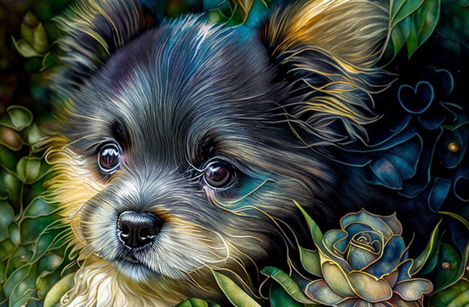 Colorful Fluffy Dog with Prominent Eyes in Floral Setting