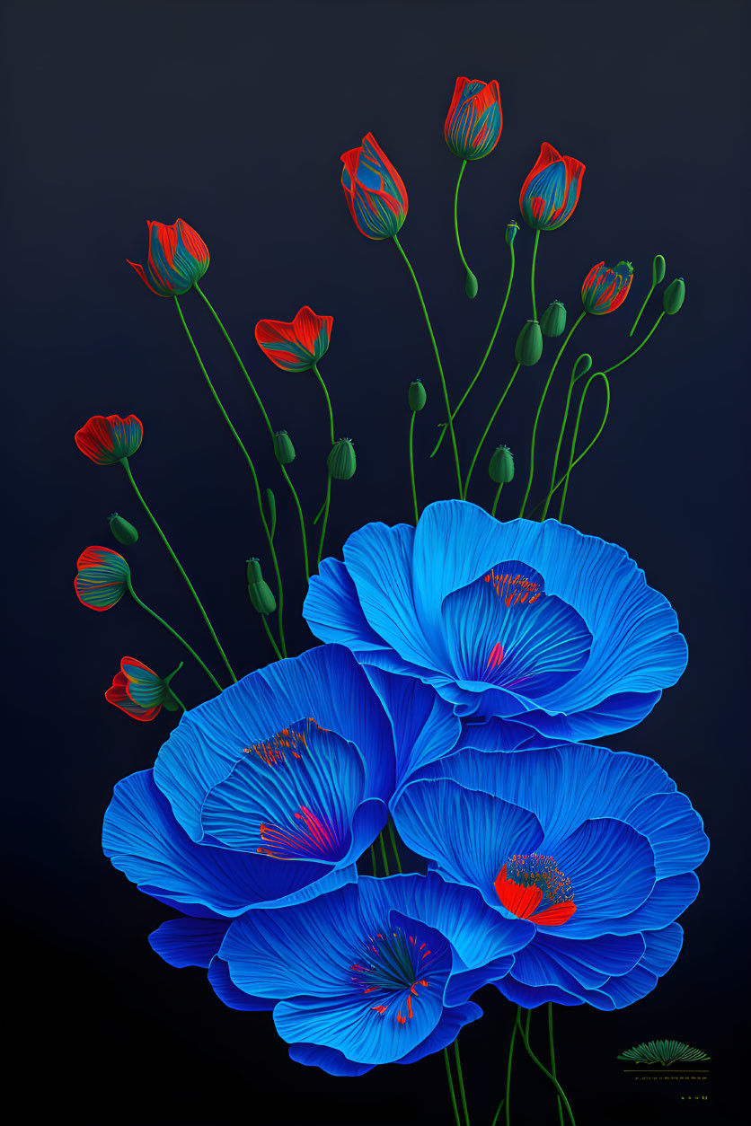 Colorful digital artwork featuring blue poppies and red tulips on dark background