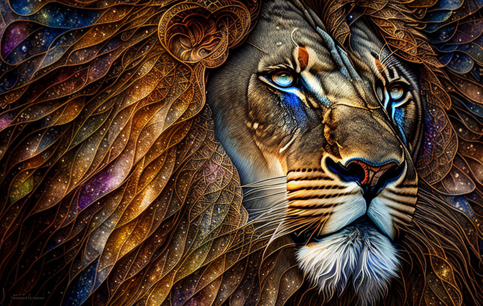 Colorful lion illustration with intricate patterns and cosmic elements