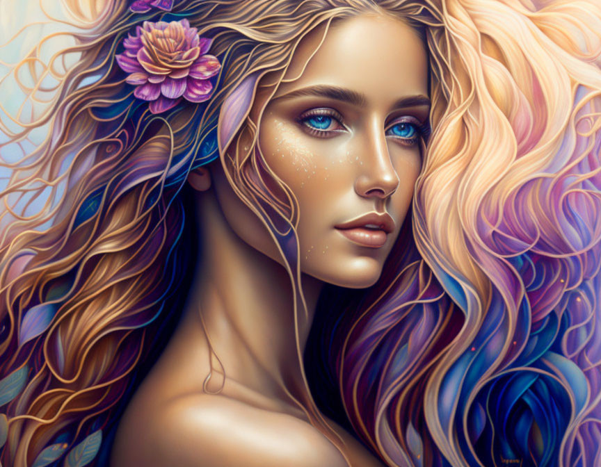 Colorful digital artwork: Woman with multicolored hair and flower motif