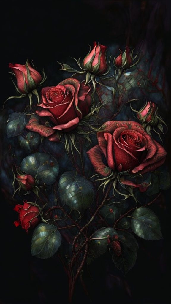 Gothic-style illustration of dark red roses on black background