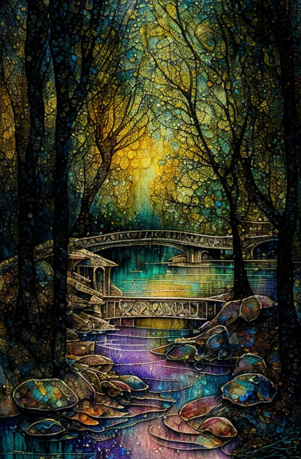 Colorful painting: Bridge in mystical forest with glowing lights, trees, lily pads