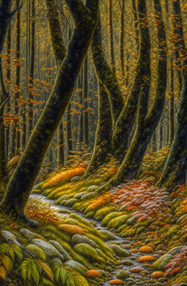 Twisted trees in vibrant autumn forest with soft glow