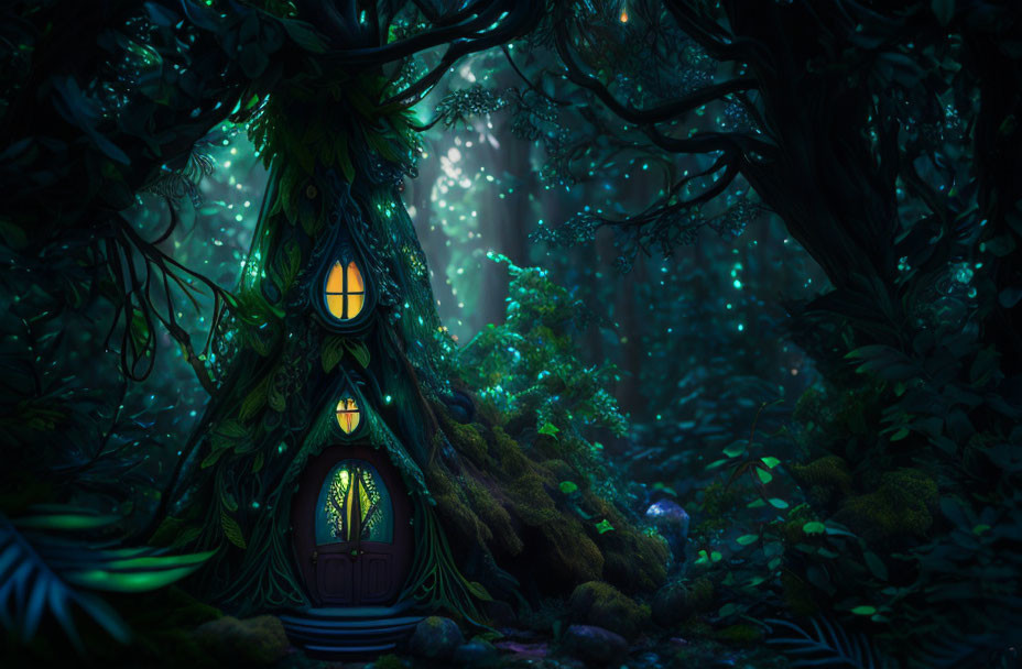 Night-time forest scene with illuminated tree windows and lush greenery