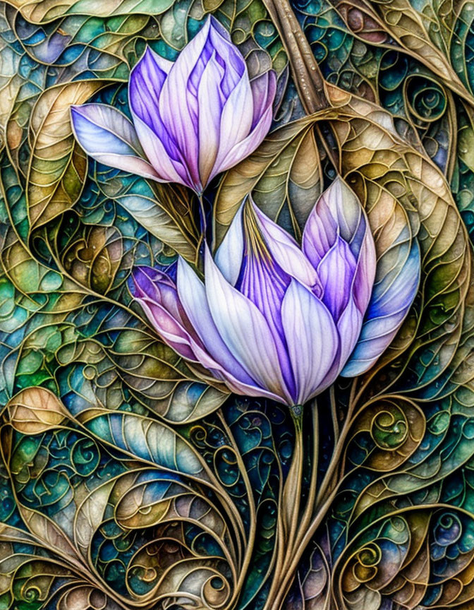 Artistic depiction of purple flowers with leaf patterns in green, blue, and brown, resembling stained glass