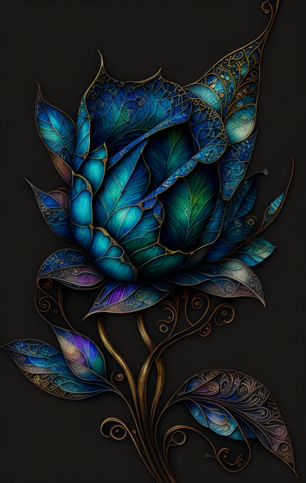 Stylized flower art with iridescent blue and green leaves on dark background