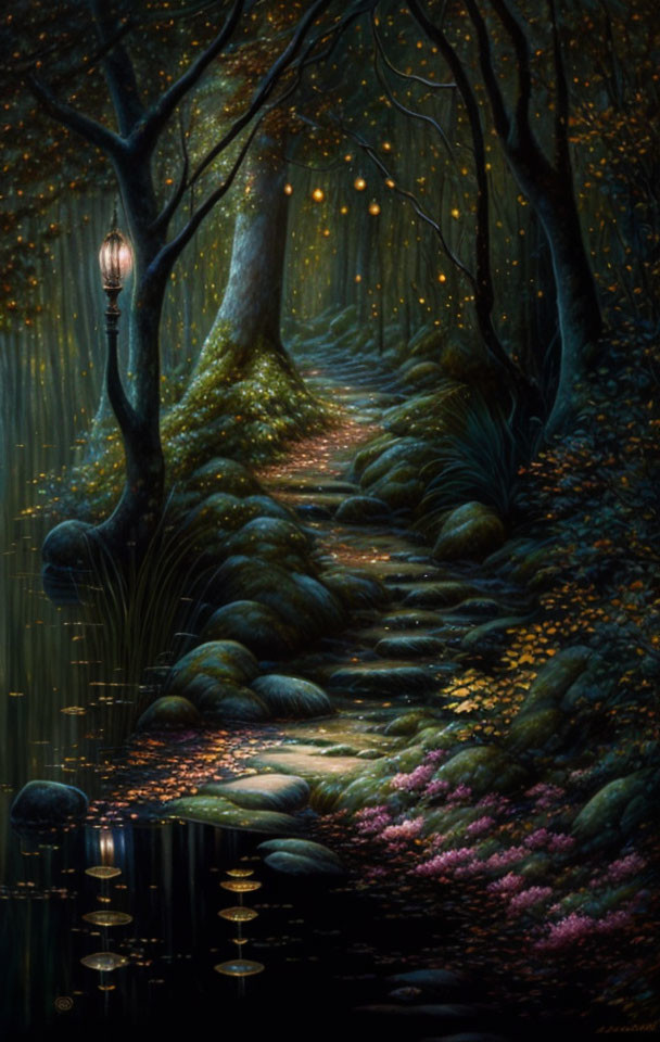 Tranquil Twilight Forest Pathway with Glowing Foliage