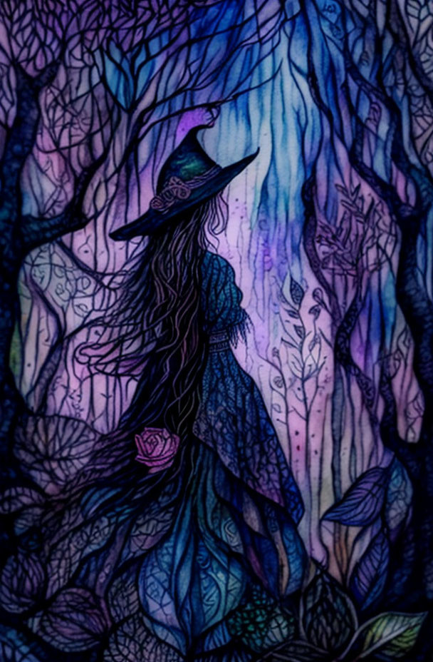 Silhouetted figure in hat amid blue and purple forest with intricate patterns