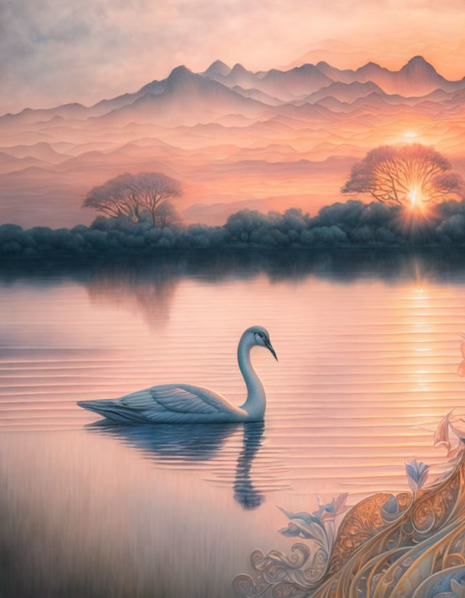 Tranquil sunrise lake scene with swan, mountains, and floral patterns