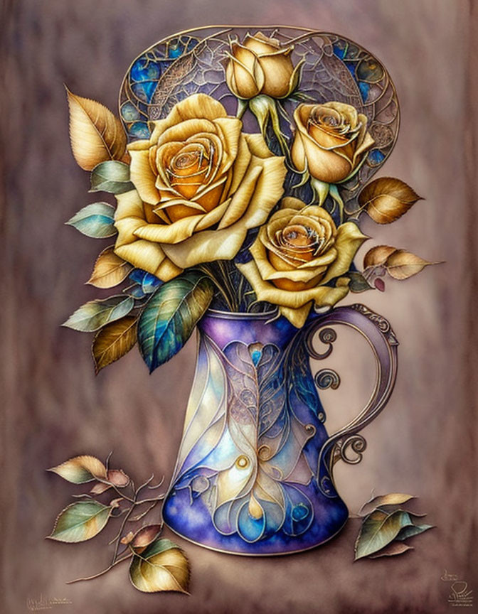 Ornate vase painting with golden roses and stained-glass motif