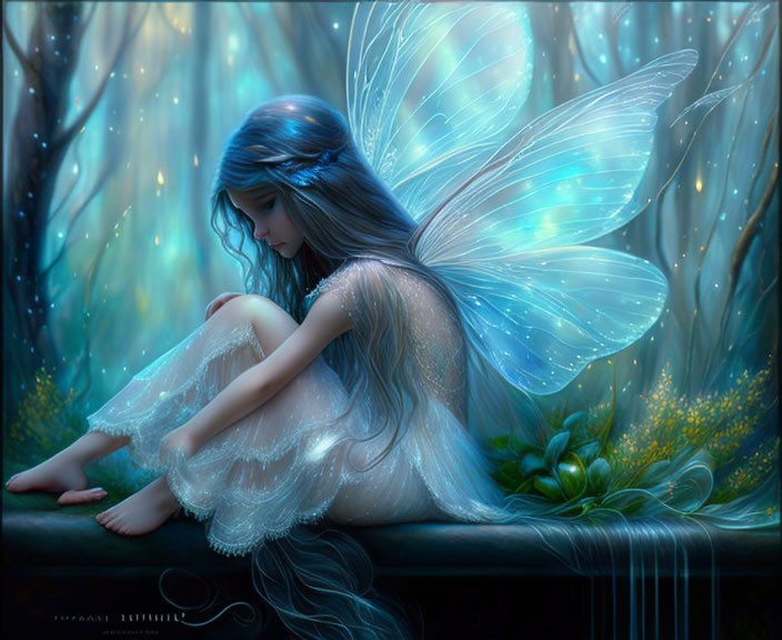 Fairy with Blue Wings in Moonlit Forest Enchantment