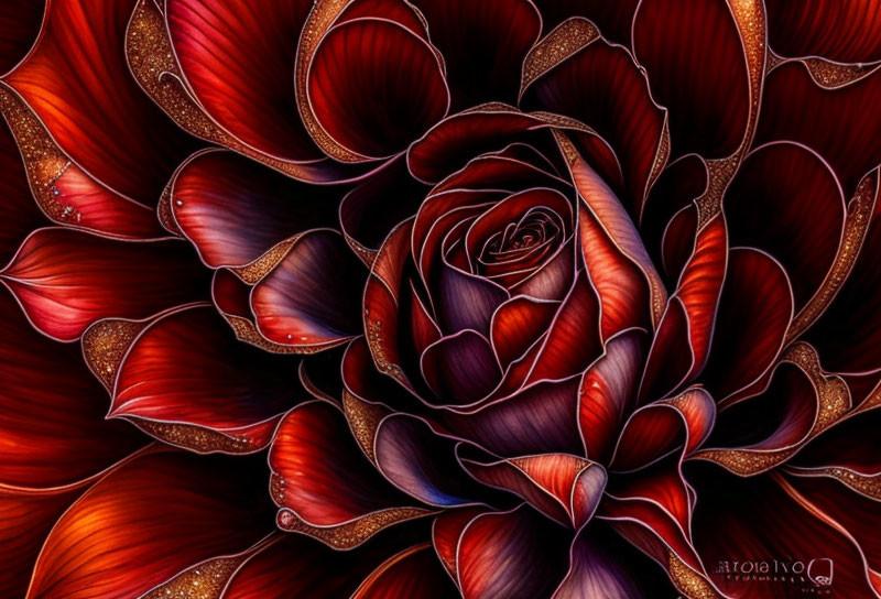 Detailed dark red rose digital artwork on black background