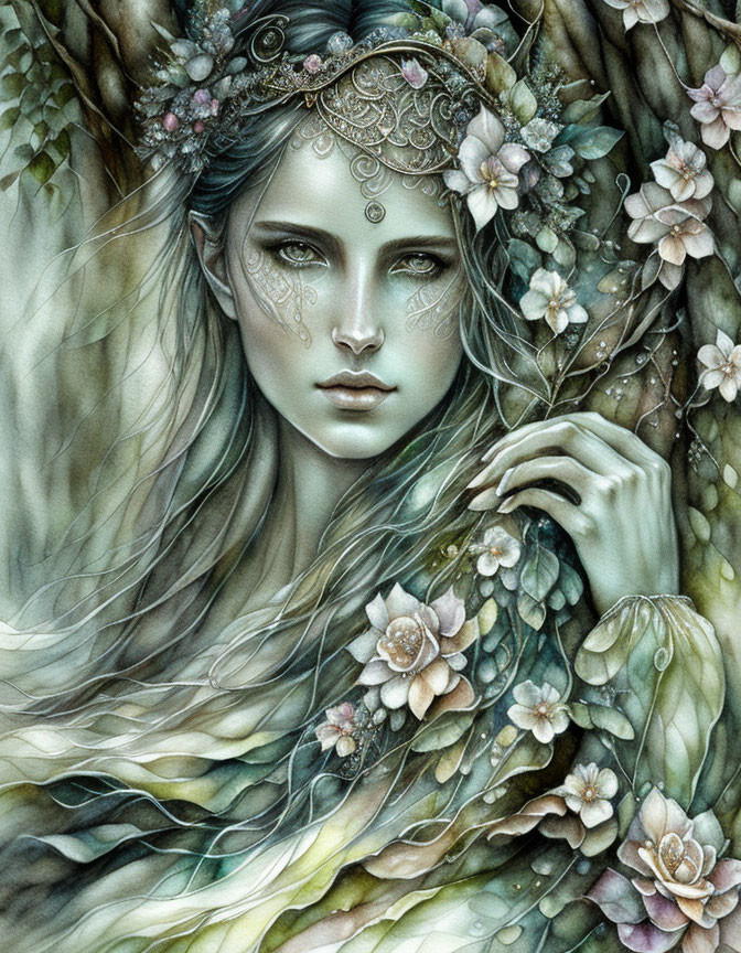 Mystical woman with floral crown in serene setting