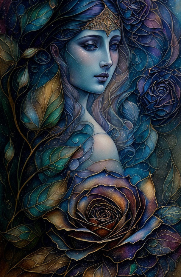 Blue-skinned woman with golden headdress in dark blue and gold floral setting.