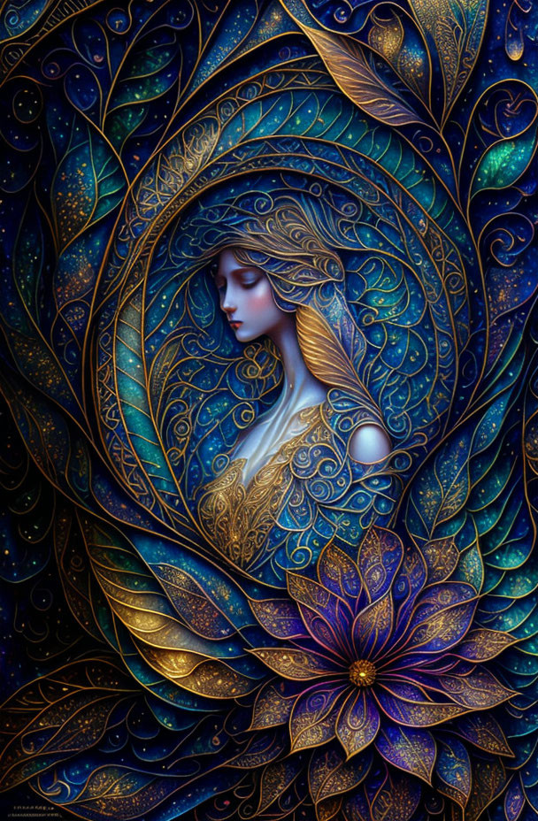 Vibrant digital artwork: Woman in mystical setting with ornate floral patterns