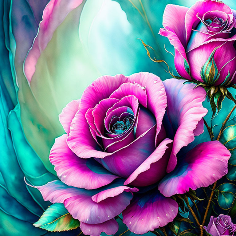 Detailed pink and blue roses on teal and green background