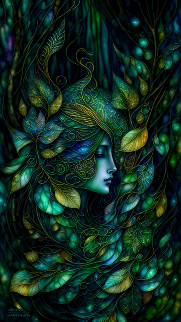 Female Figure with Blue-Green Hair and Leaf Patterns on Dark Background