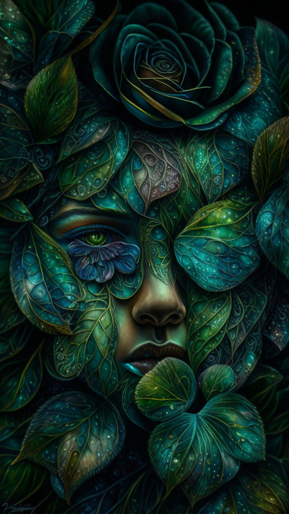 Woman's face camouflaged with leaf patterns and rose in cool blue-green hues