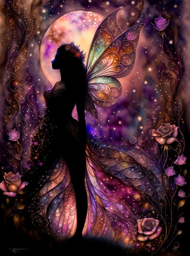 Silhouetted fairy with intricate wings in floral dress against moonlit sky.