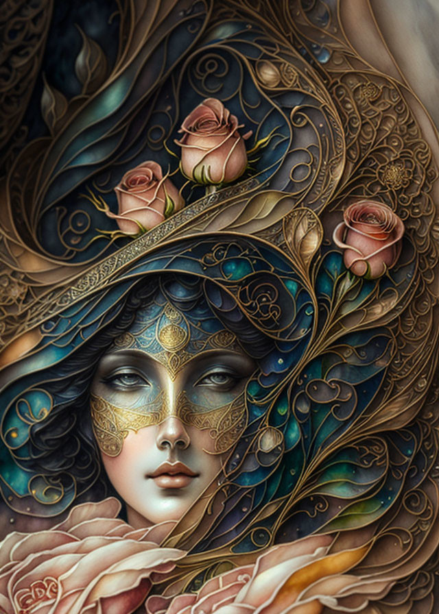 Detailed woman illustration with ornate mask and floral patterns